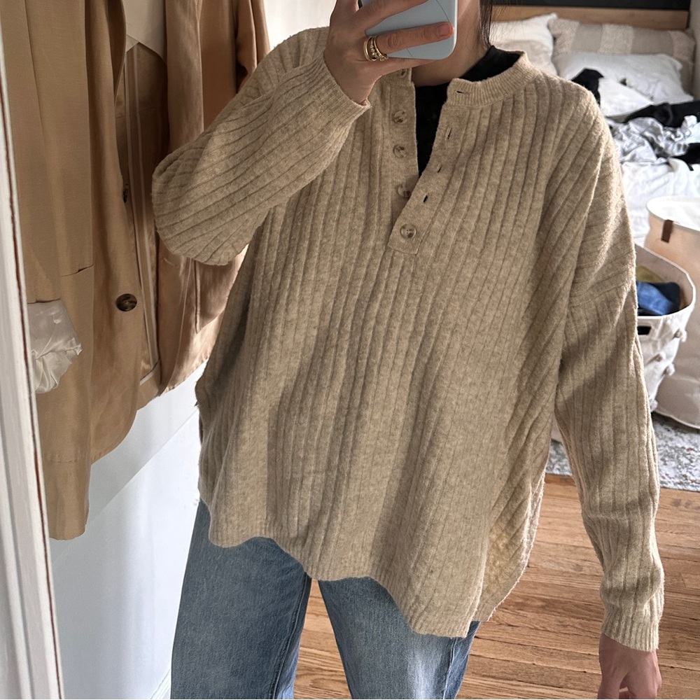 Ribbed Beige Henley Sweater